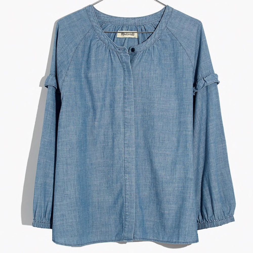 Madewell Denim Collarless Ruffle-Sleeve Shirt Sz S